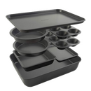 Image displaying the Elbee Home space-saving baking set, including various nonstick pans like cake pans, muffin tins, and baking sheets.