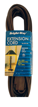 Brown Bright-Way extension cord, coiled and displaying its blue and white label indicating "Indoor Use Only," 13A 125V 1625 Watts Max, SPT-2, and 16/2 AWG.