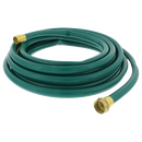 A coiled, dark green garden hose with brass fittings at both ends, presented against a transparent checkered background.