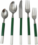 Modern flatware set, H. Holister, with green accent handles, including forks, knife, and spoons