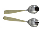 A 2-piece salad serving set consisting of one spoon and one fork/claw, both made of polished stainless steel with gold-toned, ridged handles.