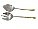 A 2-piece salad serving set consisting of one spoon and one serving fork. Both have polished silver heads and gold-toned handles with a woven/braided texture.