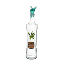 Clear glass olive oil dispenser bottle with a decorative print of green olives dripping oil into a wooden barrel. The bottle features a slightly curved shape and a teal-colored pouring spout with a flip-top lid.