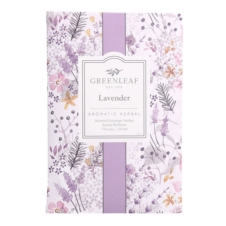 Fragrant Greenleaf Lavender sachet, an aromatic herbal envelope with a soft purple and floral pattern on the packaging.