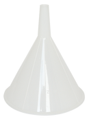White plastic funnel with a wide, conical opening and a narrow spout for easy pouring. Designed for transferring liquids or dry ingredients without spills.