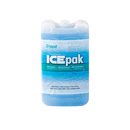 A close-up of a reusable blue ice pack, showing the clear plastic casing and the turquoise blue gel inside. The packaging features the "Cryopak ICEpak" logo, with text below indicating it is "REUSABLE" and "NON-TOXIC". The dimensions of the ice pack are visible.
