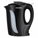 Proctor Silex 1-liter electric kettle in black, featuring a sleek design with a transparent water level indicator, cordless operation, and an automatic shut-off function for safety.