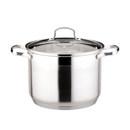 Stainless steel stock pot with a glass lid and sturdy side handles. Ideal for boiling, simmering, and cooking large meals. Durable and sleek design for professional and home kitchens.