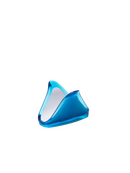 A modern, triangular-shaped napkin holder made of translucent, glossy turquoise acrylic.