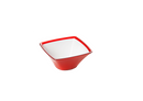 A red 13.5 cm square acrylic bowl by Omada shown on a white background.