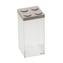Clear acrylic container with taupe LEGO-style lid, shown upright on a white background.