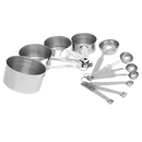 Durable stainless steel measuring cups and spoons set, including various sizes with easy-to-read engraved labels, linked together for convenient storage.