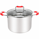 Stainless steel stockpot with a transparent glass lid and red silicone-coated handles. The pot features a polished exterior and sturdy construction, ideal for cooking soups, stews, and large meals.