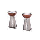 Modern design candle holders, brown wooden bowls on silver tapered bases, Classic Touch Tervy collection