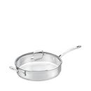 A shiny stainless steel sauté pan with a long, ergonomic handle and an opposing helper handle, both made of stainless steel. It is topped with a clear glass lid featuring a matching stainless steel handle, set against a transparent checkered background.