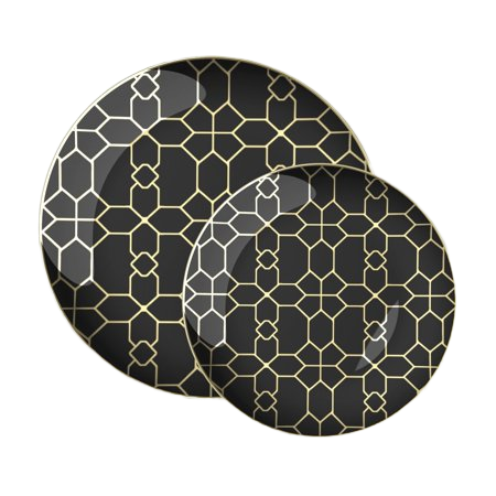 Round Black • Gold Pattern Plastic Plates | 10 Pack