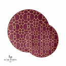 Elegant round plastic dinner plate with a deep red finish and gold geometric pattern. Perfect for upscale dining, holiday settings, and special occasions.
