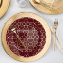 Elegant round plastic dinner plate with a deep red finish and gold geometric pattern. Perfect for upscale dining, holiday settings, and special occasions.
