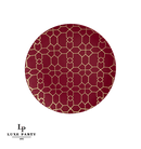 Elegant round plastic dinner plate with a deep red finish and gold geometric pattern. Perfect for upscale dining, holiday settings, and special occasions.