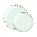A stack of two round, mint green plastic plates with a detailed gold geometric pattern and a gold rim, designed to be disposable.