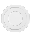 A set of 10 elegant white plastic dinner plates featuring a quatrefoil shape with a delicate silver trim. Perfect for formal dining, weddings, and special occasions. Made from high-quality material for a refined and sophisticated presentation.