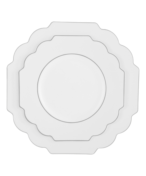 White & Silver-Trim Quatrefoil Dinner Plate - Set of 10