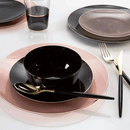 Elegant blush pink dinnerware set from Luxe Party NYC, featuring two translucent plates with a delicate gold rim. Perfect for weddings, celebrations, and upscale dining.
