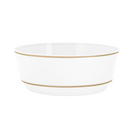 Elegant white ceramic bowl with a minimalist gold rim design. Perfect for serving soups, salads, or side dishes. Modern and timeless dinnerware piece.
