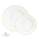 Pack of 10 scalloped white and gold plastic plates with a clear base, 8-inch size, elegant and durable for any occasion.