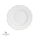 Pack of 10 scalloped white and gold plastic plates with a clear base, 8-inch size, elegant and durable for any occasion.