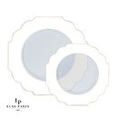 Pack of 10 scalloped white and gold plastic plates with a clear base, 8-inch size, elegant and durable for any occasion.