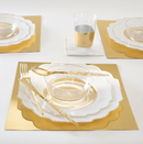 Pack of 10 scalloped white and gold plastic plates with a clear base, 8-inch size, elegant and durable for any occasion.