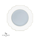 Pack of 10 scalloped white and gold plastic plates with a clear base, 8-inch size, elegant and durable for any occasion.