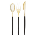 A set of black and gold plastic cutlery, showing one spoon, one fork, and one knife. Each piece features a metallic gold head and a sleek black handle.