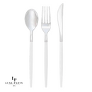 Two Tone Cutlery White & Silver Plastic Cutlery Set, featuring a spoon, fork, and knife with elegant white handles and silver-toned tops.
