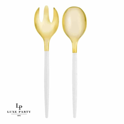 White / Gold Plastic Serving Fork  & Spoon Set
