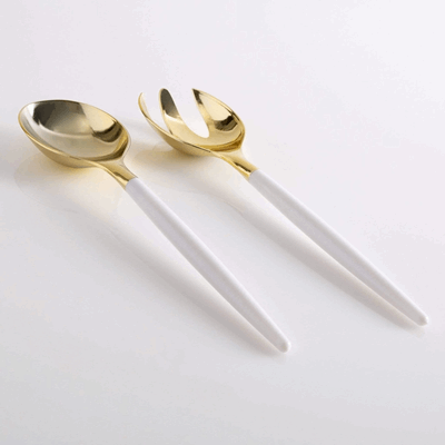 White / Gold Plastic Serving Fork  & Spoon Set