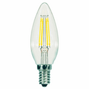 A clear LED light bulb with a candelabra (E12) screw base. The bulb has a B11 shape and contains four yellow LED filaments inside.