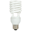 A white Satco S7228 compact fluorescent light (CFL) bulb is shown against a dark, checkered background. This 23-watt T2 mini spiral bulb has a standard E26 medium screw base and emits a 4100K cool white light, equivalent in brightness to a traditional 100-watt incandescent bulb. It is specifically designed and safe for use in enclosed lighting fixtures.