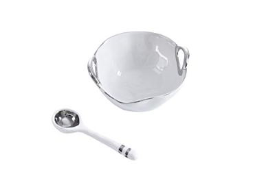 Porcelain White and Silver Round Handle Bowl and Spoon  Set