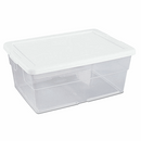 Clear plastic storage box with a white snap-on lid. The transparent body allows for easy visibility of contents. A small blue dot is visible on the side of the container.