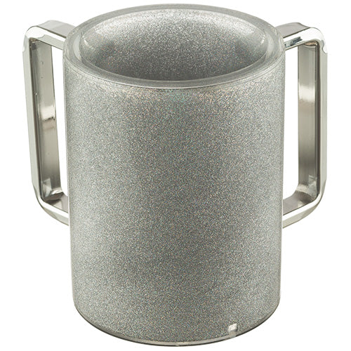 Clear perspex washing cup with silver glitter finish and silver handles, displayed on a white background.