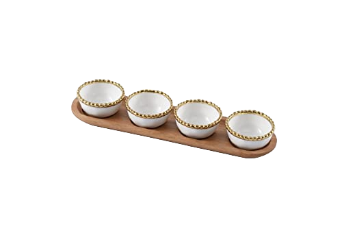 Pampa Bay Gold Porcelain Entertaining Set, 4 Square Snack Bowls with Wood Tray