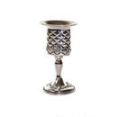 Ornate silver-toned metal Havdalah candle holder with a wide, flared top, a textured diamond pattern around the body, and decorative floral designs on the stem and base.