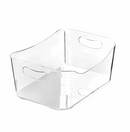 Clear plastic storage bin with built-in handles on both sides. The transparent design allows for easy visibility of contents, making it ideal for organizing pantry, kitchen, or household items.