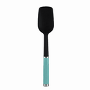 Black silicone spoon spatula with curved edges and an aqua sky handle, displayed on a white background.