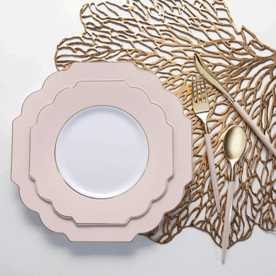 10.7" Dinner Plates, Scalloped Blush/Gold Plastic Plates