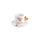 White cup with black “I love you” text and gold heart handle, paired with white saucer featuring a gold rim and gold heart design, displayed on a white background