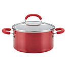 Red 6-quart nonstick stock pot with glass lid and stainless steel-silicone handles, displayed on a white background.