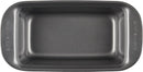 Top view of a gray nonstick loaf pan shown on a white background.